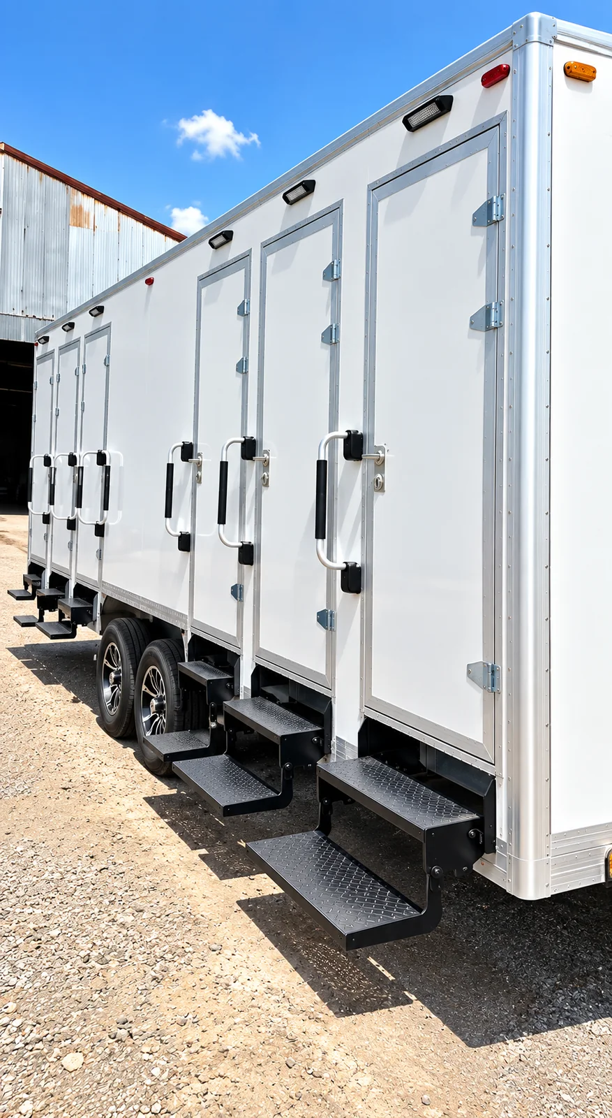 Combination shower-restroom trailer side view with entry steps