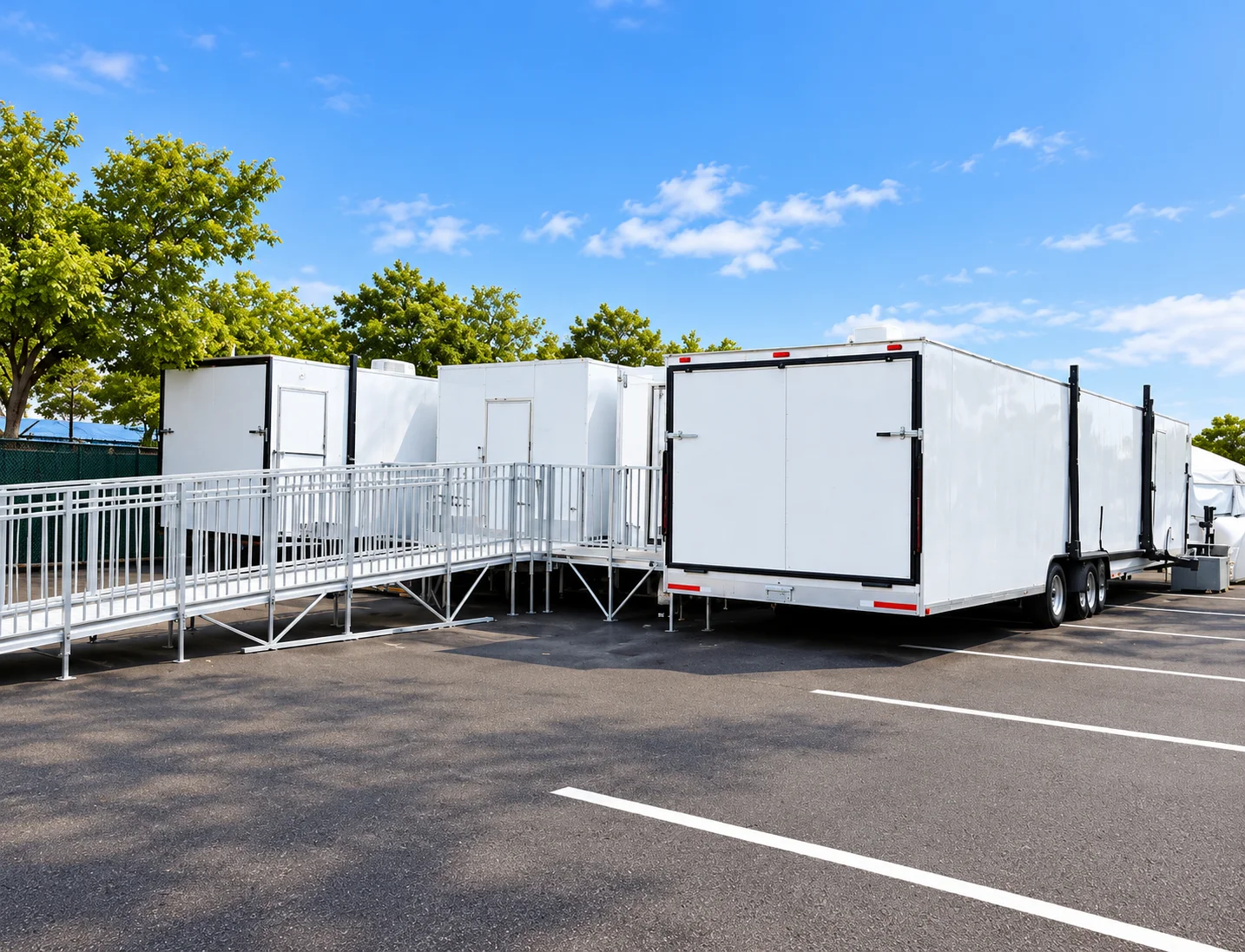 Metal ramp system connecting temporary trailer entrances